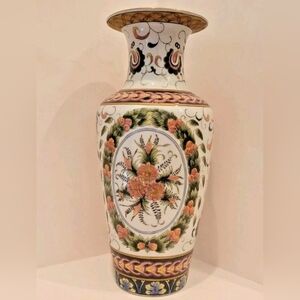 Oriental Accent White w/ Classical Floral Decor 13.5" Ceramic Vase